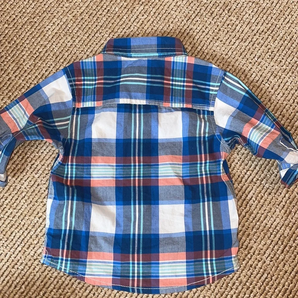 Oshkosh blue white and peach plaid shirt